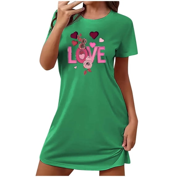 Women's Plus Size Short Nightgown with Printed Round Neck Short Sleeves Nightdres