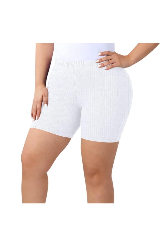 Women's Plus Size Short Shorts - Ribbed Pull on Stretch Pants Casual Skinny Leggings for Women Solid Color Elastic Waist Yoga Pants, Y-1-White, 3XL