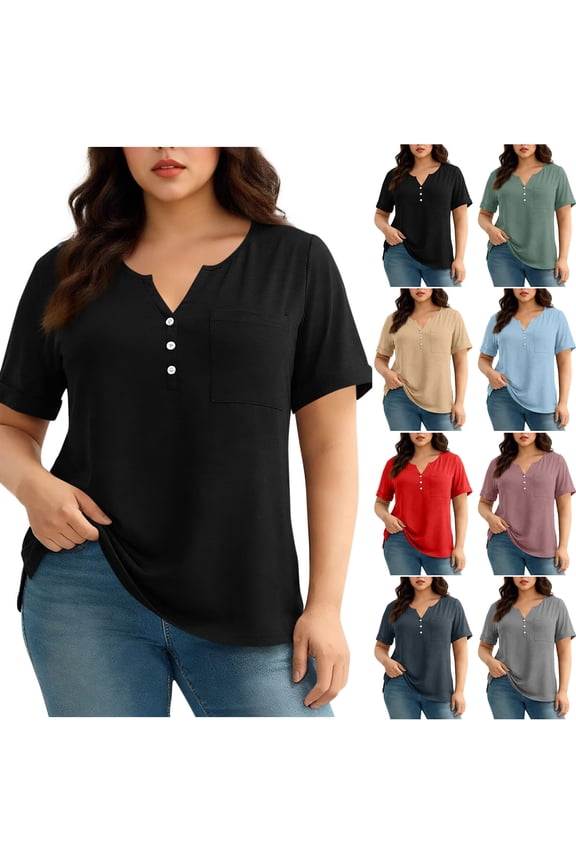 Women's Plus Size Short Sleeve Button Shirts Trendy Casual Split V Neck Tees Summer Baggy Lightweight Breathable Pullover Tops