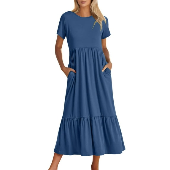 Women's Plus Size Short Sleeve Crewneck Swing Dress Flowy Tiered Maxi Beach Dress With Pockets Summer Fashion Adorable Dress For Woman