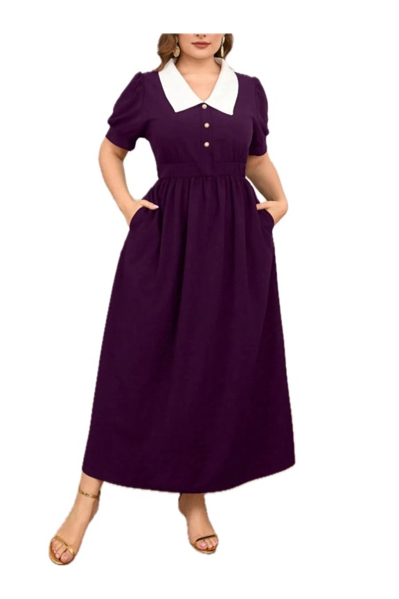 Women's Plus Size Short Sleeve Dress with Contrast Collar and Pockets 95% polyester and 5% elastane stretch fit
