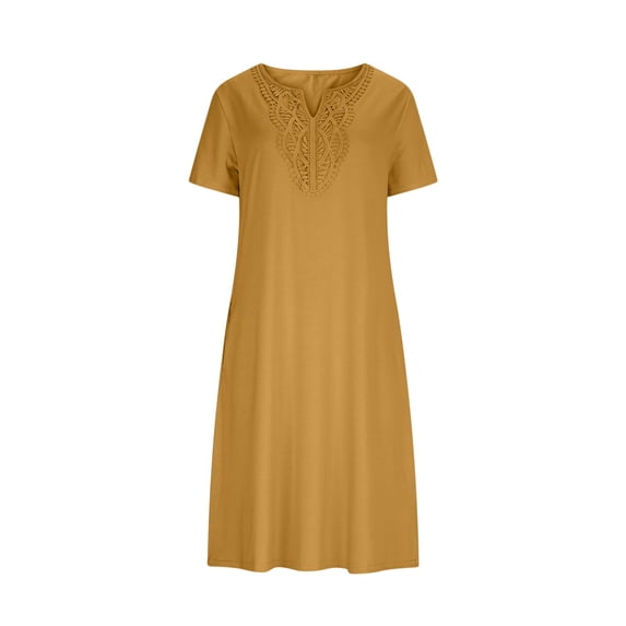 Women's Plus Size Short Sleeve Dresses V-Neck Solid Color Lace Patchwork Dress