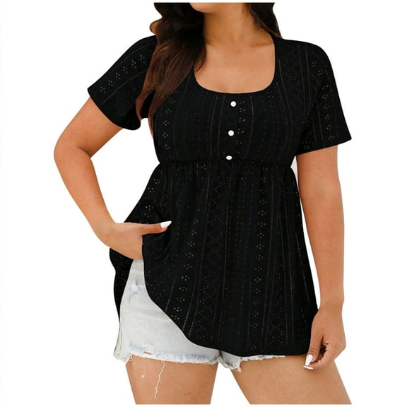 Women's Plus Size Short Sleeve Embroidery Top Button Front Square Neck Peplum Shirts