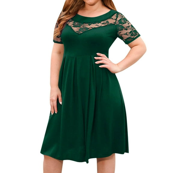 Women's Plus Size Short Sleeve Lace Midi Dress Pleated Casual Summer Flowy Dress With Pockets