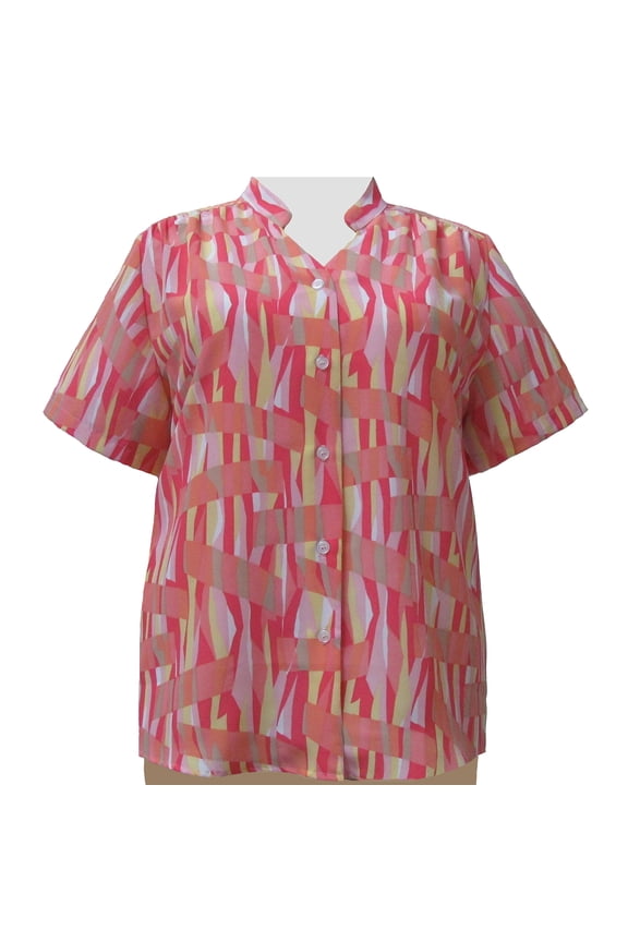 Women's Plus Size Short Sleeve Mandarin Collar V-Neck Button-Up Blouse with Shirring - Coral Pagaent - 6X