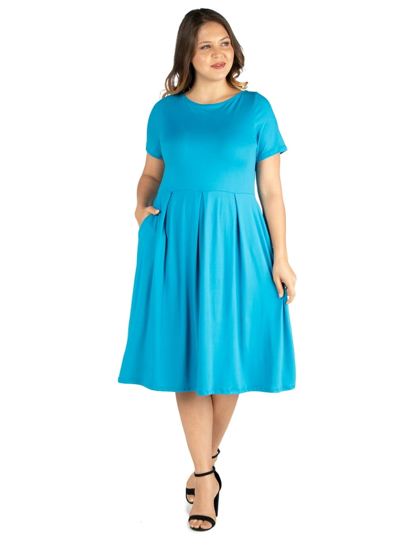 Womens Plus Size Short Sleeve Midi Skater Dress With Pockets