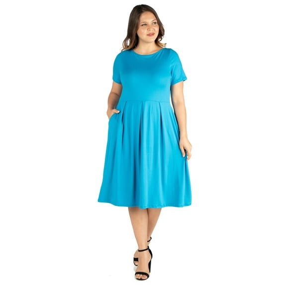 Women’s Plus Size Short Sleeve Midi Skater Dress With Pockets