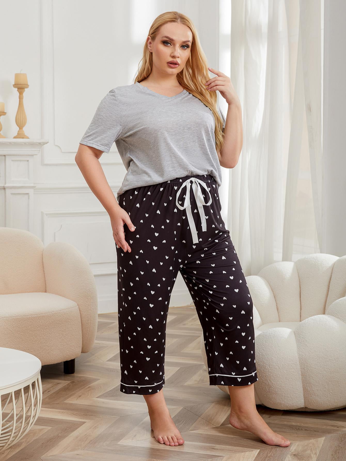 Women s Plus Size Short Sleeve Pajama Set 2 piece V Neck Tee and Pants Soft Loose Grey Oversize Sleepwear Pj Set