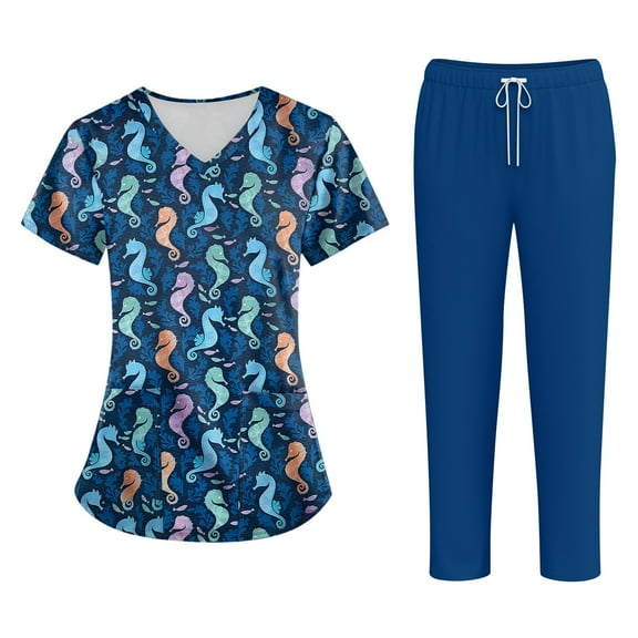 Women's Plus Size Short Sleeve Printed Scrubs Set with Pockets, V-Neck, Animal Floral Theme, 2-Piece Nursing Uniform, Medical Workwear for Caregivers