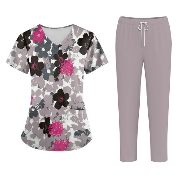 Women's Plus Size Short Sleeve Printed Scrubs Set with Pockets, V-Neck, Animal Floral Theme, 2-Piece Nursing Uniform, Medical Workwear for Caregivers