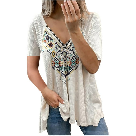 Women's Plus Size Short Sleeve Retro Western Aztec Print Ethnic V-Neck Zipper T-Shirt