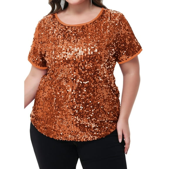 Women's Plus Size Short Sleeve Sequin Top Round Neck - X Large, Orange