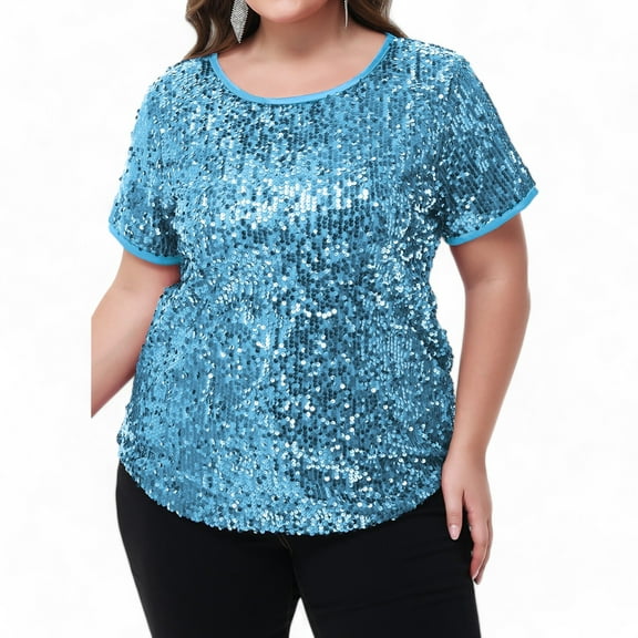Women's Plus Size Short Sleeve Sequin Top Round Neck - XXX Large, Blue