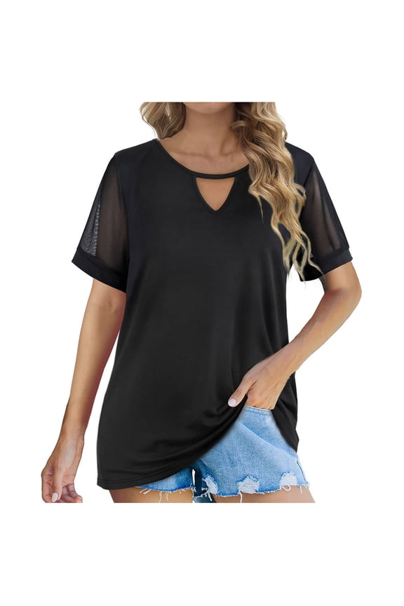 Women's Plus Size Short Sleeve Solid O-Neck Pullover Gauze Hollow out T-Shirt