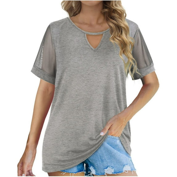 Viikei Women's Plus Size Short Sleeve Solid O-Neck Pullover Gauze Hollow out T-Shirts