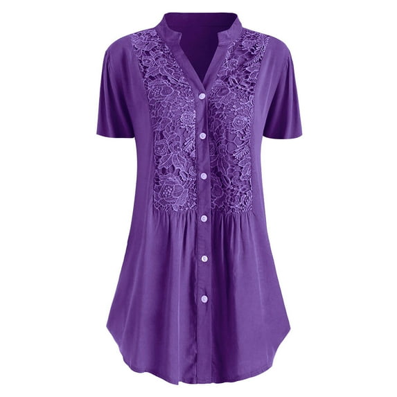 Women's Plus Size Short Sleeve Solid V-Neck Lace T-Shirt Blouse Tops