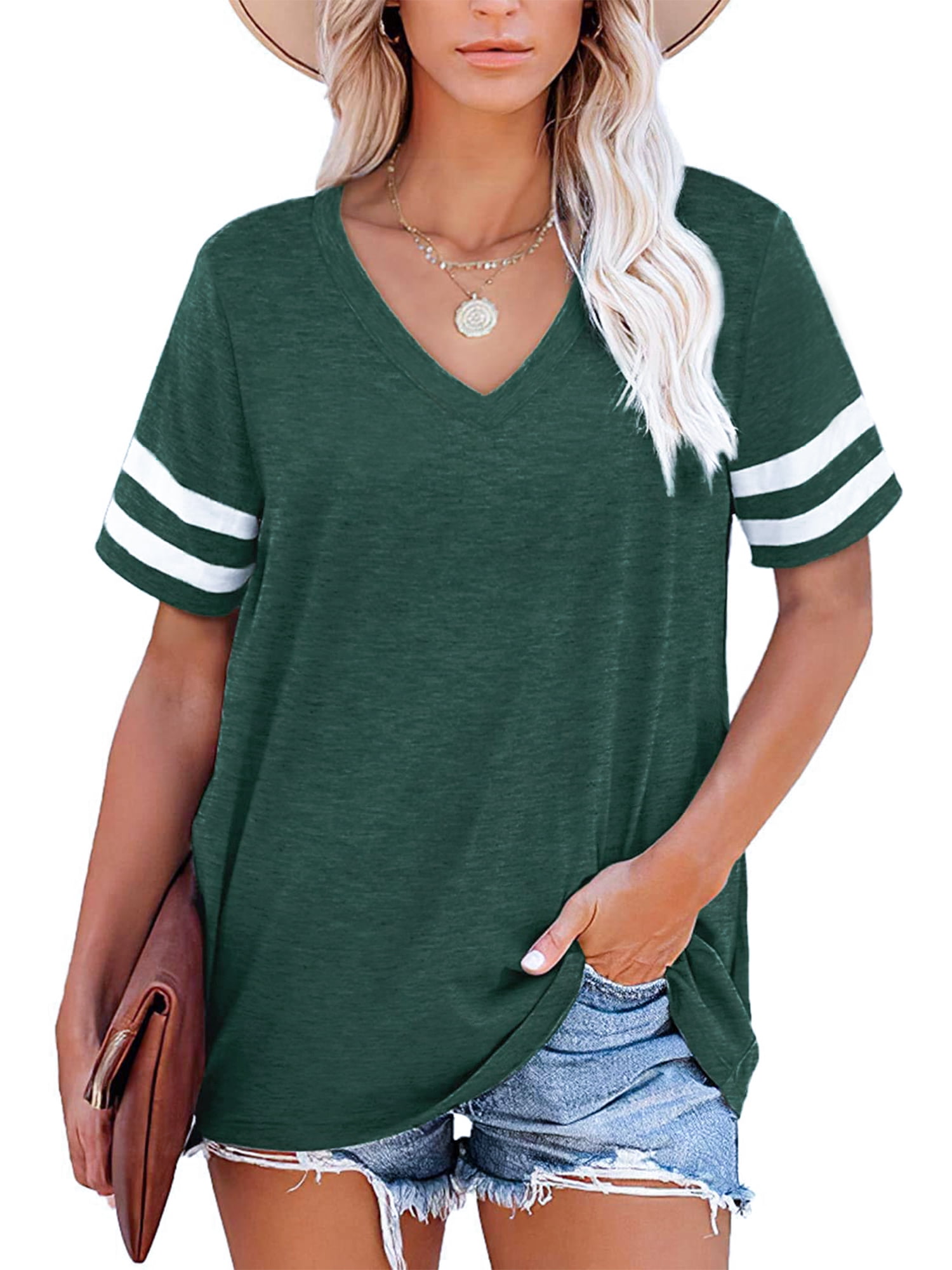 Women's Plus Size Short Sleeve T Shirts Color Block Tops Casual V Neck ...