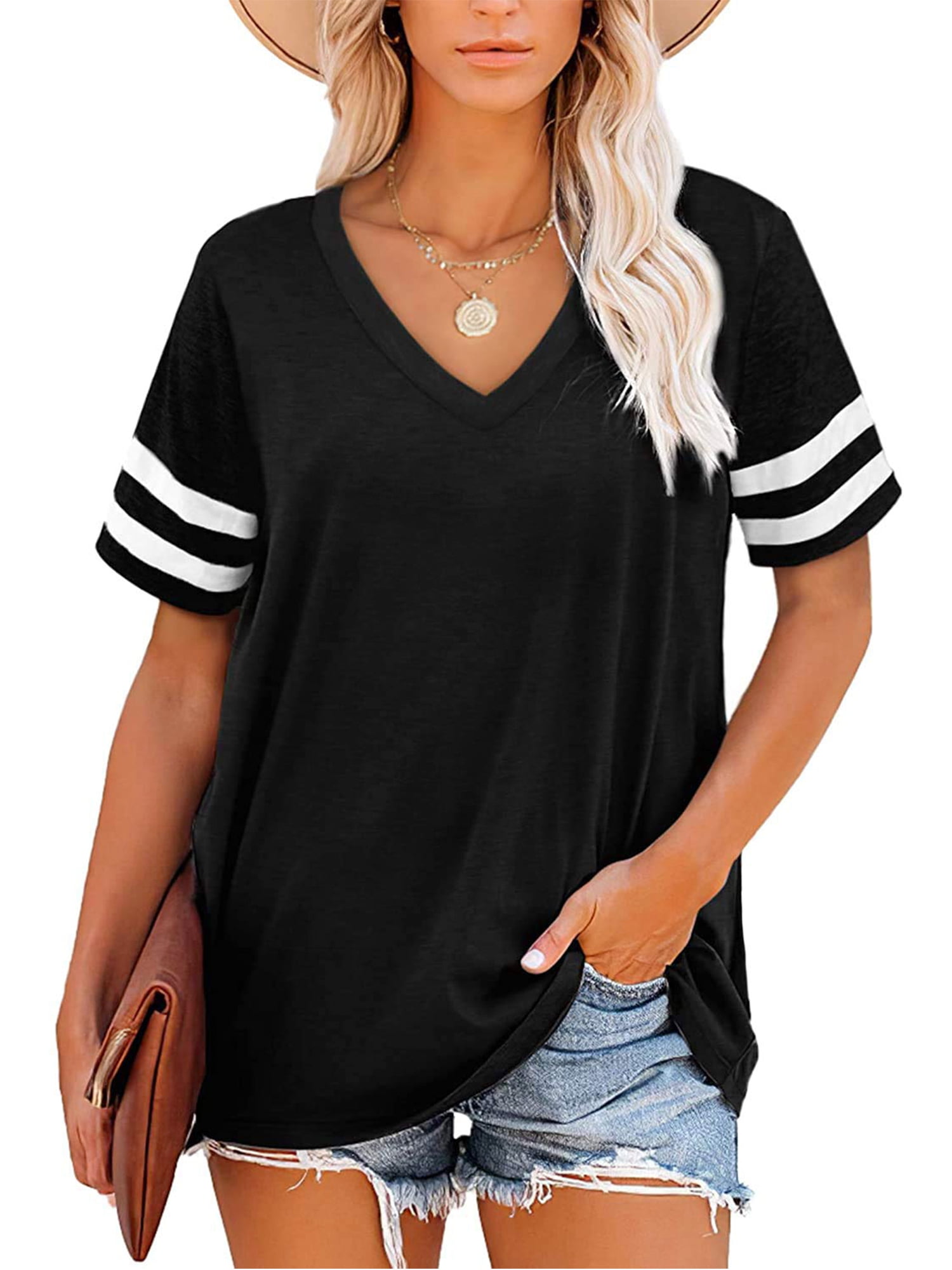 Women's Plus Size Short Sleeve T Shirts Color Block Tops Casual V