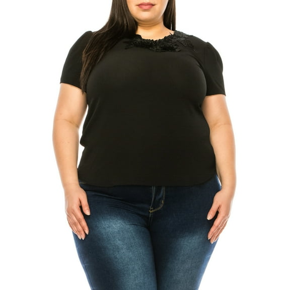 Women's Plus Size Short Sleeve Top with Puff Sleeves Lace Accent Round Neck