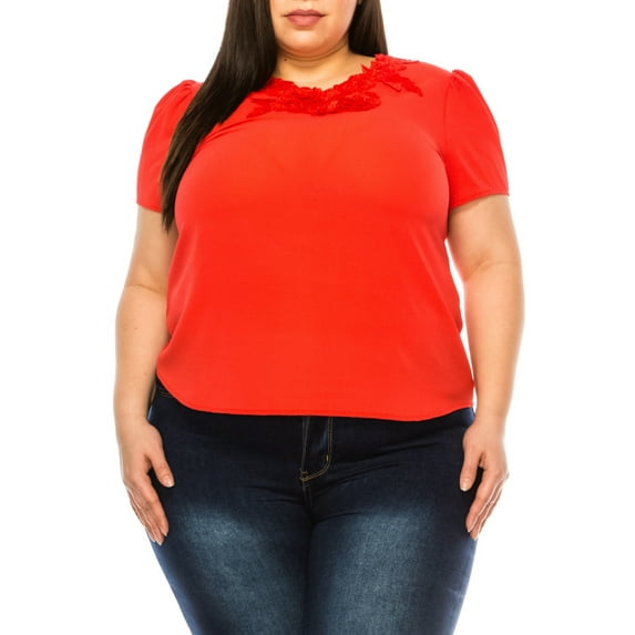 Women's Plus Size Short Sleeve Top with Puff Sleeves Lace Accent Round Neck