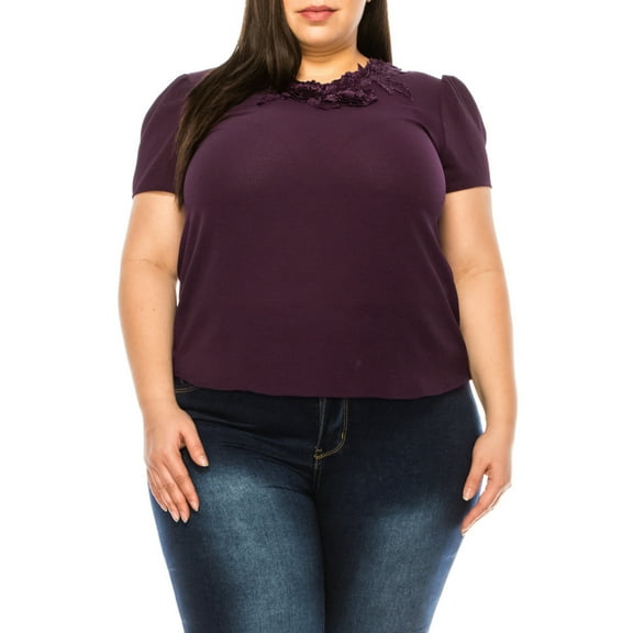 Women's Plus Size Short Sleeve Top with Puff Sleeves Lace Accent Round Neck