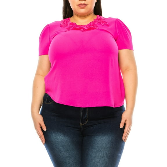 Women's Plus Size Short Sleeve Top with Puff Sleeves Lace Accent Round Neck