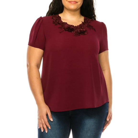 Women's Plus Size Short Sleeve Top with Puff Sleeves Lace Accent Round Neck