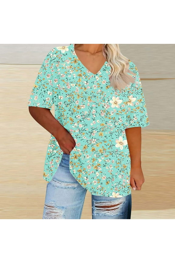 Women's Plus Size Short Sleeve Tops Under $10​ V-Neck Short Sleeved Printing Base Shirt