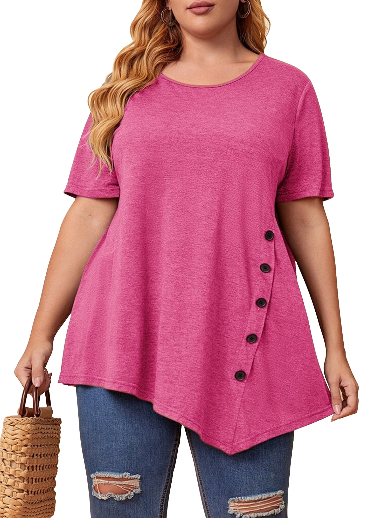 Women's Plus Size Short Sleeve Tunic Handkerchief Hem Summer Casual