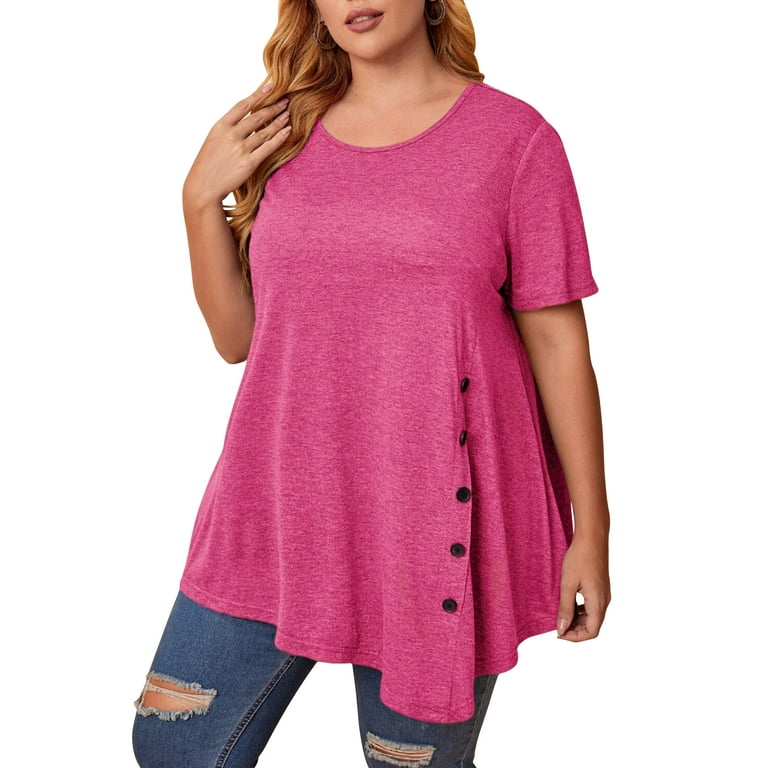 Women s Plus Size Short Sleeve Tunic Tops with Flowy Irregular Hem Button Loose Blouse T Shirt Walmart
