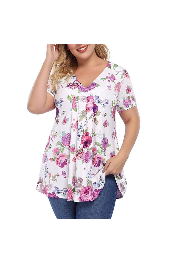 Women's Plus Size Short Sleeve V-Neck Printed Boho Blouse Casual Tunic Top Lightweight Polyester Daily Wear Home Office Vacation Spring Autumn Winter