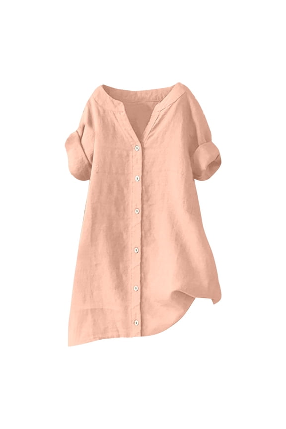 Women's Plus Size Short Sleeve V Neck Solid Shirts, Roll Up Tops with Blend Fabric