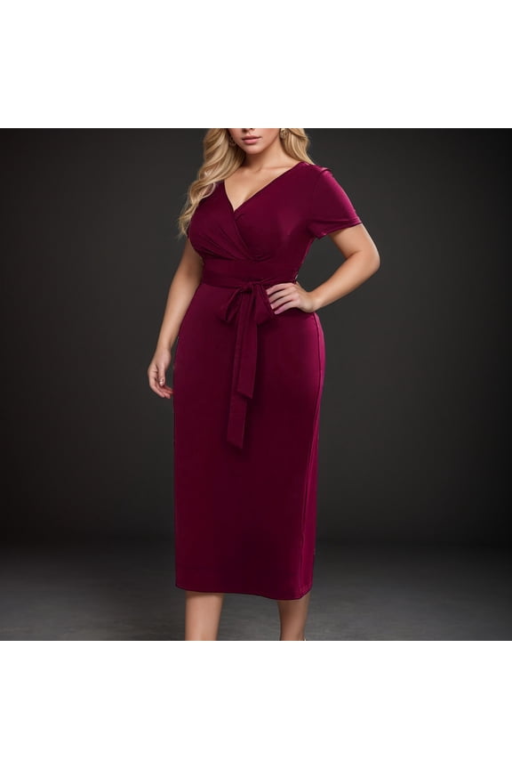 Women's Plus Size Short Sleeve V Neck Work Pencil Dress Dresses Long Dress with Sleeves for Prom Long Gown Dresses Formal Evening Gowns with Sleeves Long Dresses Petite Long Formal Christmas Dresses