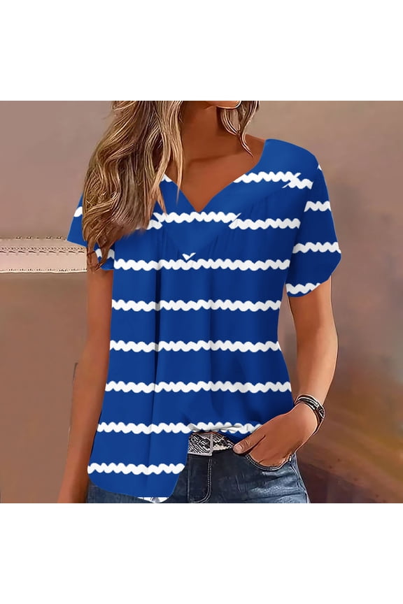 Women's Plus Size Short Sleeve V-neck Printed Striped Blouse, Casual Pullover Tops, Comfortable and Loose Fit, Ideal for Daily Wear, Office, and Casual Outings, Available in Various Sizes