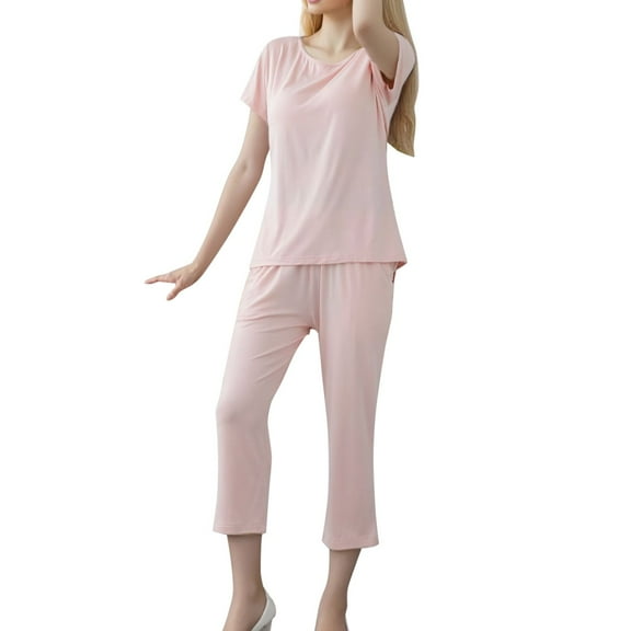 Women's Plus Size Short Sleeved Pajamas with Chest Pads Loose Striped, Half Sleeve Shorts Suit