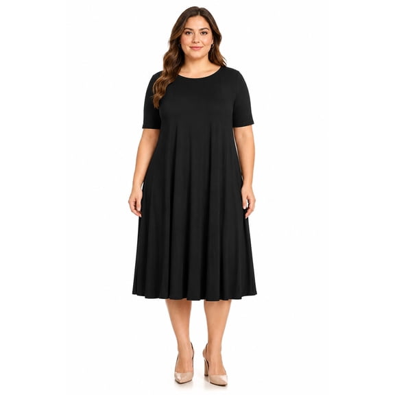 Women's Plus Size Short Sleeves A-Line Round Neck Casual Solid Midi Dress
