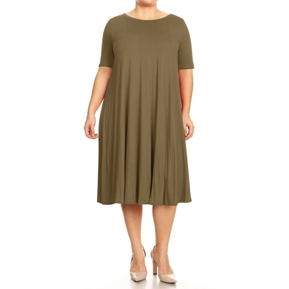 Women's Plus Size Short Sleeves A-Line Round Neck Casual Solid Midi Dress