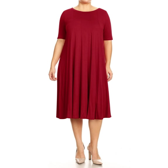 Women's Plus Size Short Sleeves A-Line Round Neck Casual Solid Midi Dress