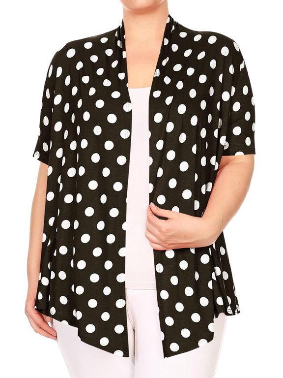 Women's Plus Size Short Sleeves Draped Neck Polka Dot Print Cardigan Made in USA