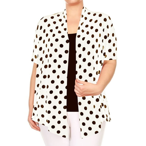 Women's Plus Size Short Sleeves Draped Neck Polka Dot Print Cardigan Made in USA