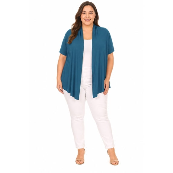 Women's Plus Size Short Sleeves Draped Open Front Casual Solid Cardigan