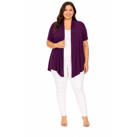 Women's Plus Size Short Sleeves Draped Open Front Casual Solid Cardigan