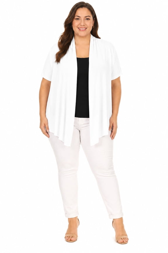 Women's Plus Size Short Sleeves Draped Open Front Casual Solid Cardigan