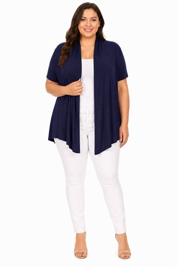 Women's Plus Size Short Sleeves Draped Open Front Casual Solid Cardigan