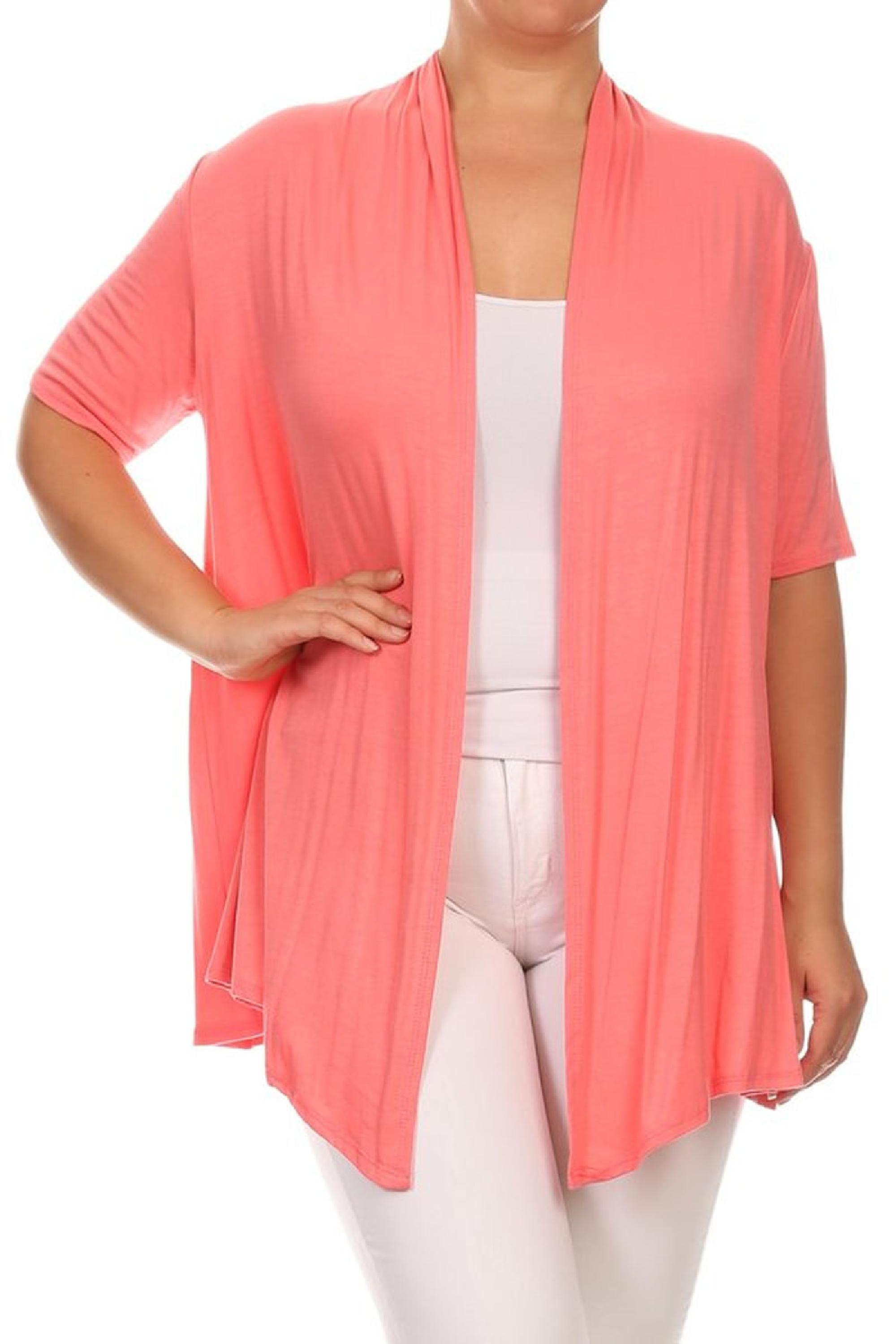 Women's Plus Size Short Sleeves Draped Open Front Solid Cardigan