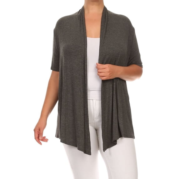 Women's Plus Size Short Sleeves Draped Open Front Solid Cardigan