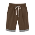 thumbnail image 1 of Women's Plus Size Shorts 100% Cotton Casual Stripe Patchwork Straight Leg Drawstring Plain Summer Gym Shorts with Pockets Brown S-3XL, 1 of 7