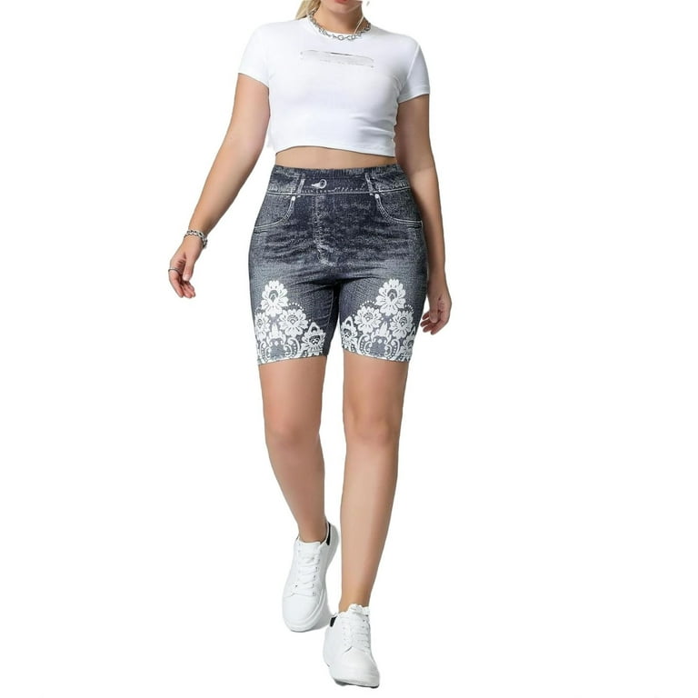 Women's Plus Size Shorts High Waist Tummy Control Jean Leggings with  Pockets 2XL(16)