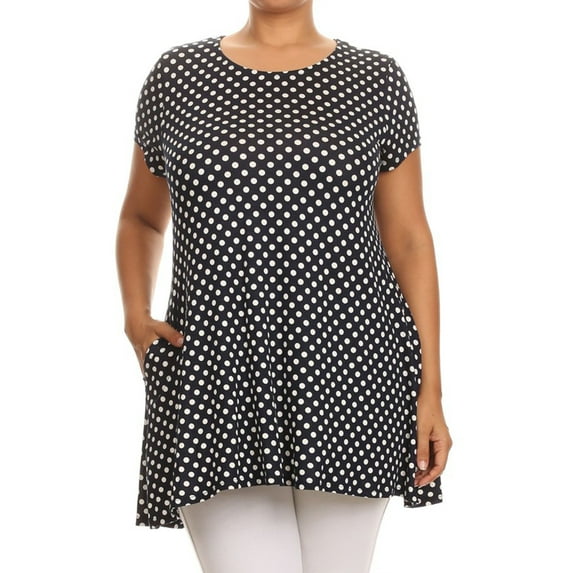 Women's Plus Size Side Pockets Polka Dot Short Sleeves Relaxed Tunic Top