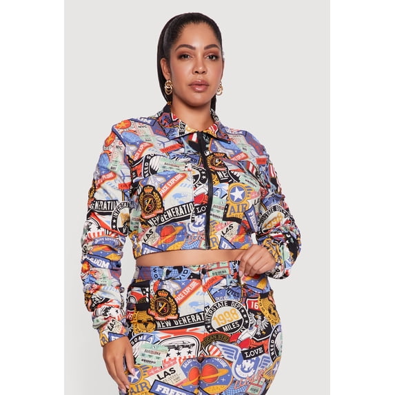 Women's Plus Size Side Ruched Patterned Zip Front Cropped Jacket